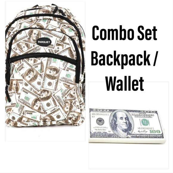 Combo Set - Money Print Theme - $100 Pattern - Backpack & Wallet- NWT- Gift Idea - Picture 1 of 10